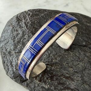 Vintage Navajo Native American Inlay Lapis Bracelet by Wilbur Yazzie
